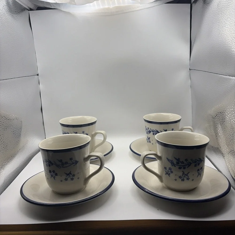 4 Sango Provence 260 Bouquet Blue Coffee Tea Cups & Saucers French Country Set‎